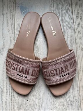 Dior Blush Pink Woven Logo Slide Sandals